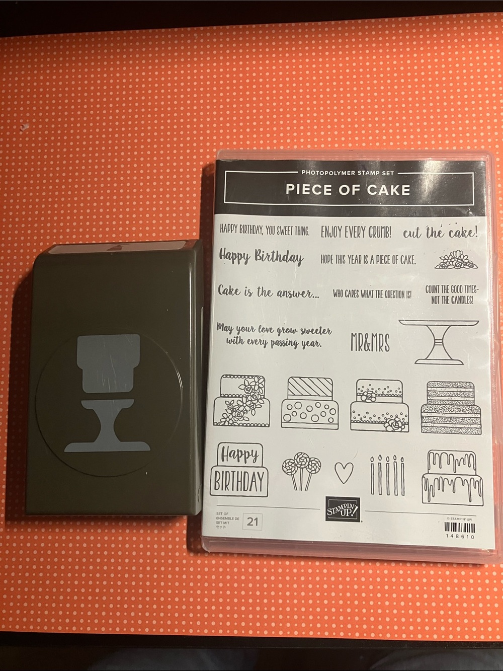 Stampin up Piece of Cake stamps and coordinating punch and DSP.